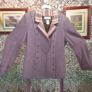 Randolph Duke pink brown pea coat plaid collar with belt and shoulder pads